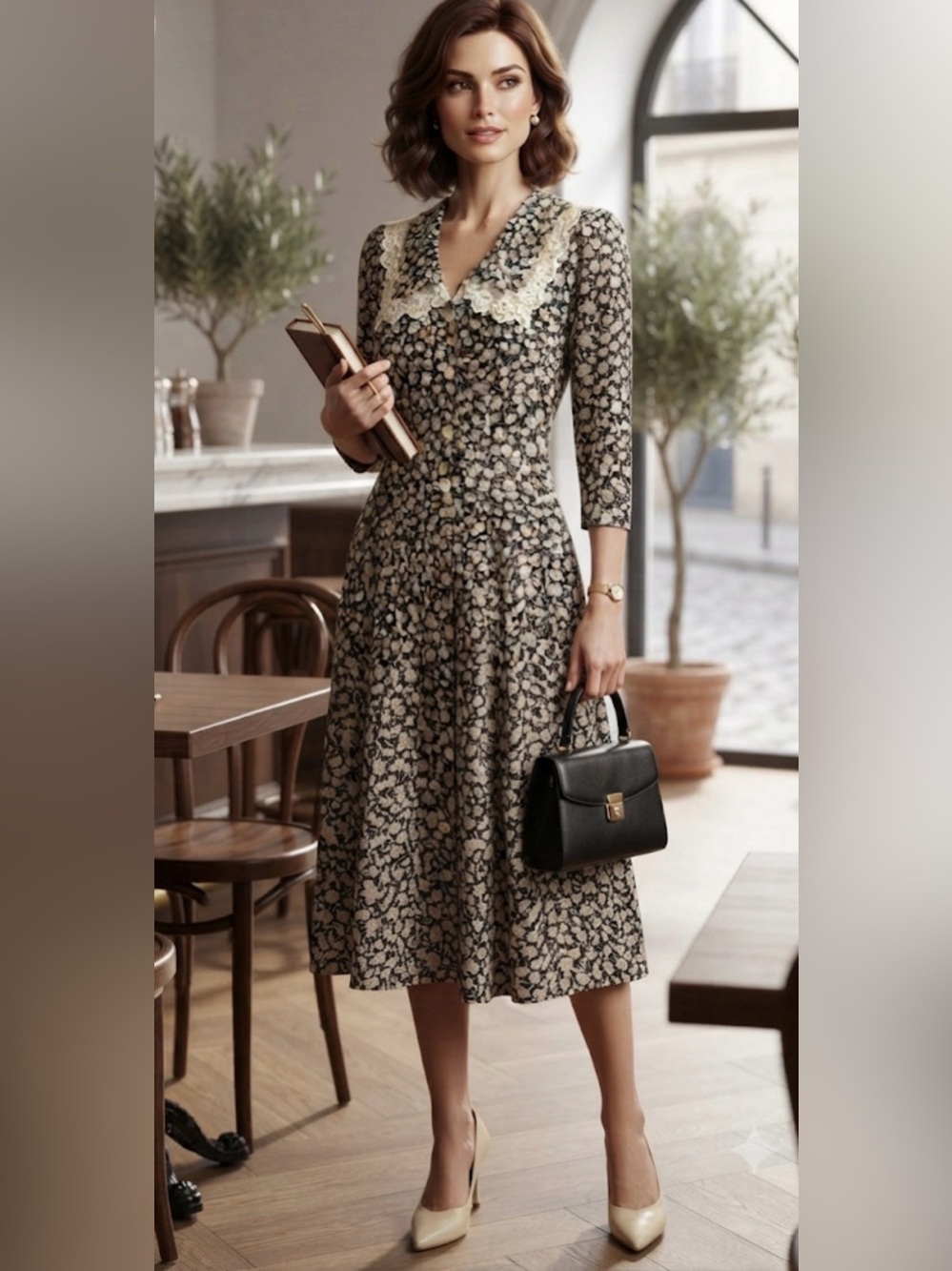 Jonathan Martin Floral Lace-Collar Midi Dress in Black and Cream